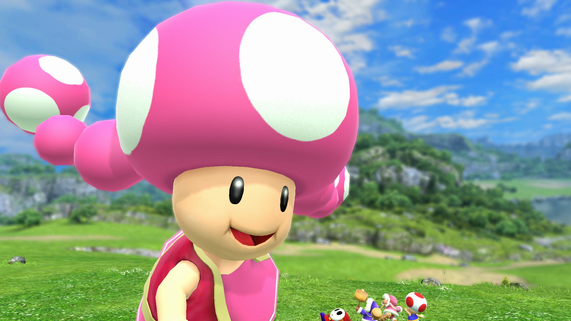 Giant Toadette staring 